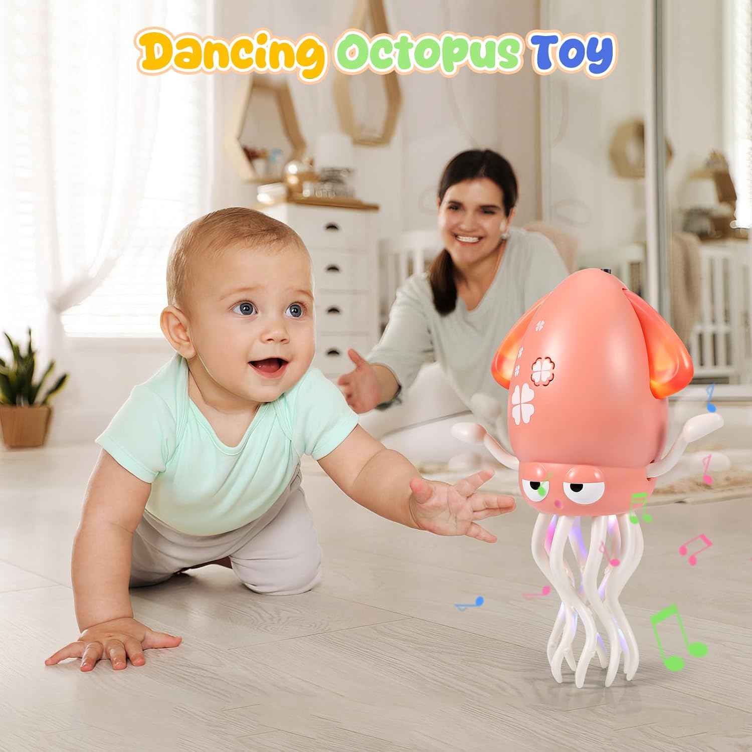 Dancing Octopus Baby Toy - Electric Crawling Squid Toddler Toys, Rechargeable Tummy Time Toy with Lights & Music, Interactive Learning Boys Girls Birthday Gifts (Pink)